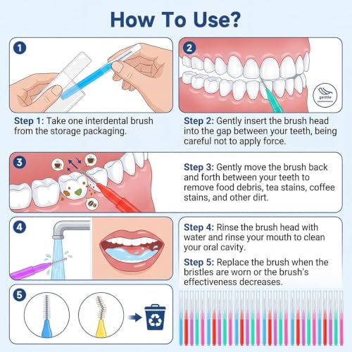 Image of 100 Pcs Interdental Brushes, 5 Sizes Braces Flossers for Cleaner Braces Brush Soft Dental Brushes Toothpicks Dental Floss Picks Dental for Braces Oral Cleaning(5 Colors)