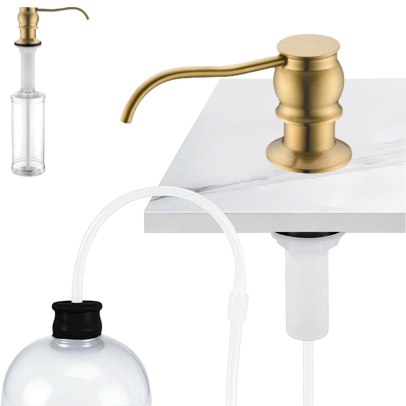 Built in Deck Mount Liquid Lotion Kitchen Countertop Metal Soap Dispenser, Brushed Gold Brass Dispenser Pump with 47.2" Silicone Long Tube for 0.79 "- 1.38" High Capacity Bottle Mouths