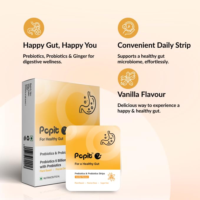 Popit Healthy Gut | To Curb Indigestion, Gas, Acidity and Bloating | Gut Health Supplement | Fast Absorption Vs Gummies/Tablets | Probiotics 5 Billion | CFU with Prebiotics | Non Habit Forming | Digestive Plant Bases Strips | Vanilla Flavour | No Added Sugar | (30 Oral Strips) 1