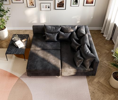 DELIFE Eckcouch Clovis Anthrazit Antik Optik mit Hocker Ottomane Rechts Ecksofa Modular
