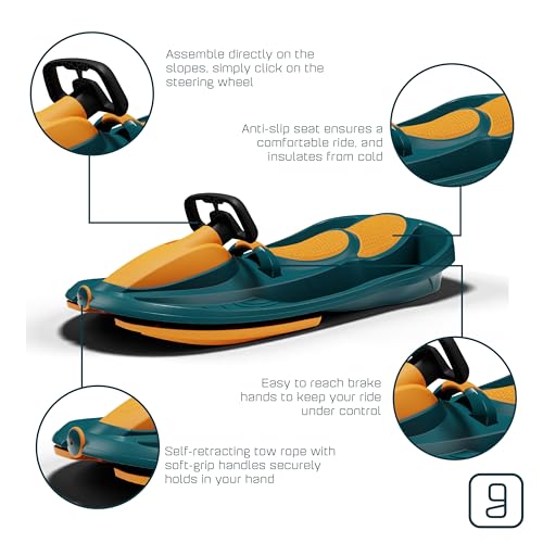 Gizmo Riders Snow Sled for Kids, Adults - Toboggan Sled, Easy Turning Steering Wheel, Anti-Slip Seat, Pull Up Brake, Durable Plastic Sled, Lightweight, Snow Sleds, Age 3+, 260 lbs by Gizmo Riders - Image 2