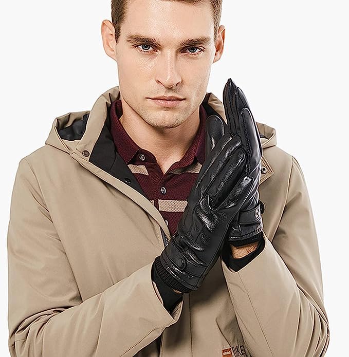 BISON DENIM Herren Echtleder Handschuhe Hohe Qualität Warmes Wollfutter Lederhandschuhe Smartphone Touch Funktion Herbst & Winter