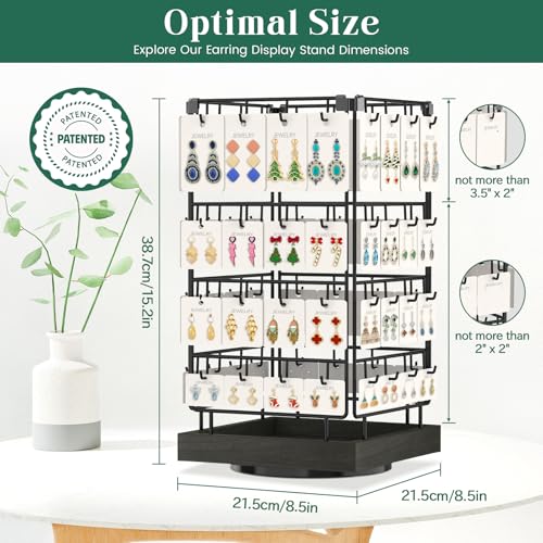 Image of EsLuker.ly Rotating Earring Display Holder Stand for Vendors Events Selling, Large Capacity 64 Hooks Jewelry Rack with Wooden Base for Earring Card Sales, Enhances Retail Visibility