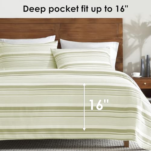 Image of ClevaHome Twin Sheets Set - 3 Pieces Fitted Bed Sheet Set, Sage Stripe | 16 inch Deep Pocket, Super Soft & Breathable, Enhanced Comfort & Easy Care, Classic Stripe Sheet Set