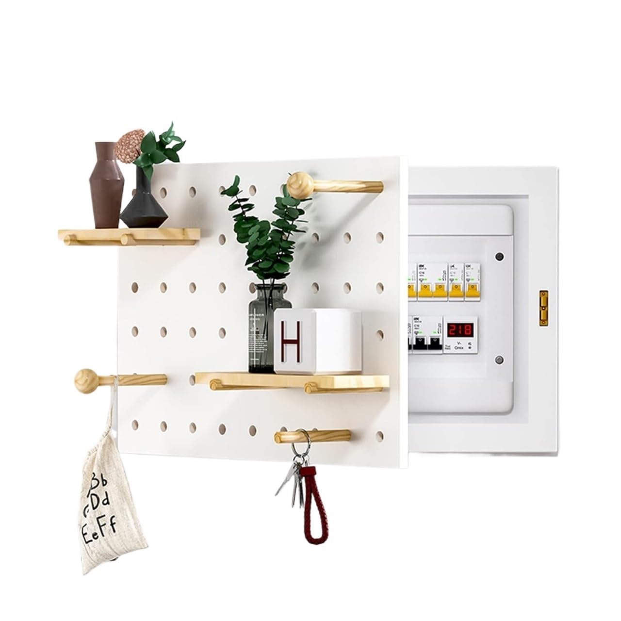 Boîte de compteur électrique décorative en bois avec panneau perforé et étagère de rangement vide