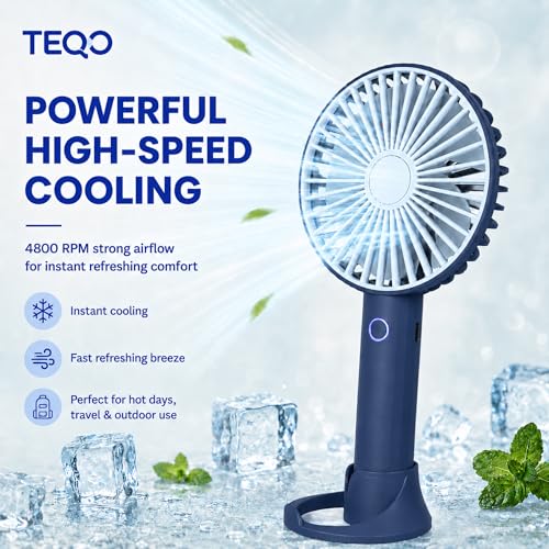 Image of TEQO Rechargeable Hand Fan 4800 RPM High Speed | 1200mAh Battery, Up to 6 Hours Runtime | Portable USB Fan with Mobile Stand & RGB Light | 3 Speed Personal Mini Fan for Travel, Makeup (Blue)