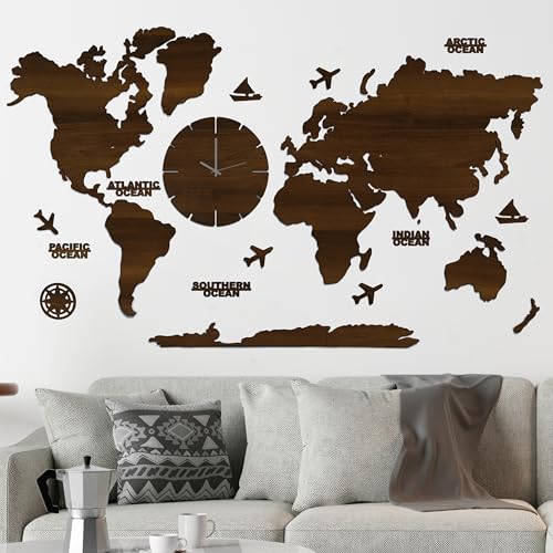 Image of rawpockets - 3D Wooden World Map With Clock Wall Decor | Wall Art, Wall Hangings & Gift | Travel Map | Living Room Wall | Bedroom Wall | Working Space - Dark Walnut Color - Small Size (110 X 65 CM)