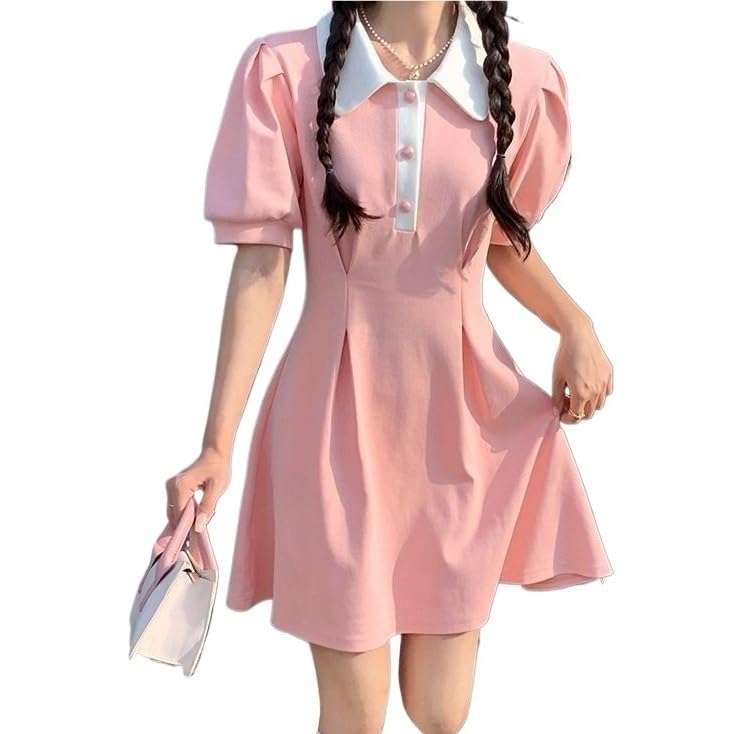 ZYSWCHB Japanisches Kleid Für Mädchen Kawaii Sailor Kragen Hauch Hülse Mädchen Weiß Rosa Blume Kleid Vintage Cosplay Lolita Frauen Strand...