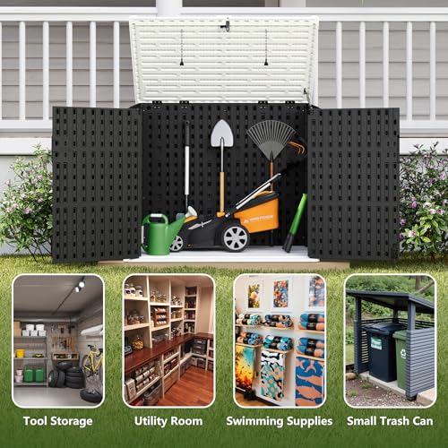 Image of Greesum Outdoor Trash Can Storage Shed, 34 Cu.ft Waterproof Horizontal Storage Shed, Portable Horizontal Resin Storage Shed for Garden, Backyard, Patio, Dark Black