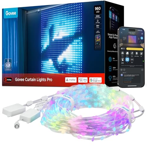 Govee Curtain Lights Pro, Upgraded 960 LEDs Smart Color Changing LED Curtain Lights with AIGC, Dynamic DIY String Lights for Bedroom Living Room Holiday Decor, Outdoor IP67 Waterproof, 5.41×5.77ft