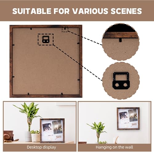 Image of Muzilife 8x8 Shadow Box Picture Frame with Linen Board - Deep Wood & Glass Display Case to Hang Memory Box Baby Sports Memorabilia, Pins, Awards, Medals, Wedding, Tickets and Photos, Rustic Brown