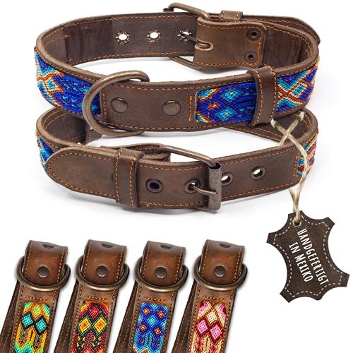 ALTEZAR Lederhalsband Hund - Doppelt Tribal Bestickt Blau Braun - Hochwertig verarbeitetes Hundehalsband Leder - Handgemacht in Mexiko - Größe M - Halsband Hund für mittel-große Hunde Leder breit
