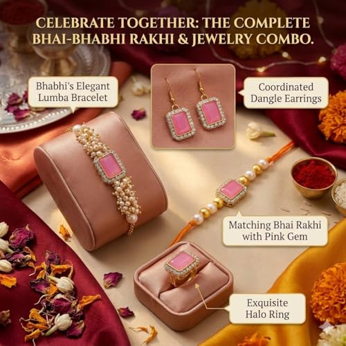 Image of SAUDEEP INDIA Decorative Fridge Magnet for Refrigerator Decor | Free Couple Lumba Rakhi Set for Bhaiya Bhabhi with Earring & Ring | Raksha Bandhan Gift Combo Festive Home Decor(Pink)