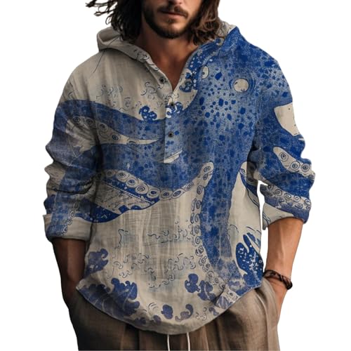 Mens Cotton Linen Hoodies Shirts Japanese Art Henley Neck Button Long Sleeve Hooded Sweatshirt Tunic Pullover Top