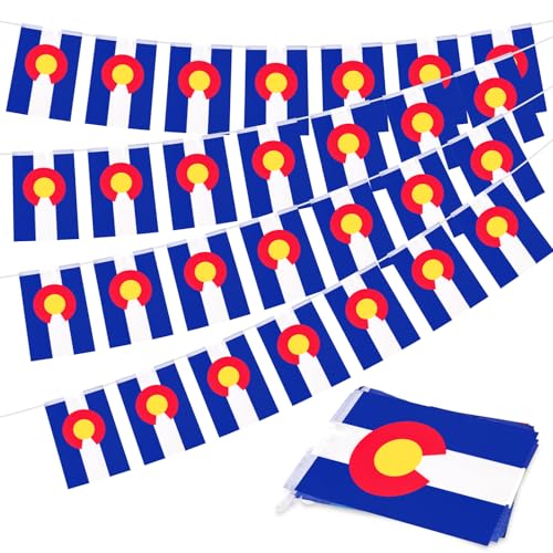Image of 32.8 ft Colorado Flag Banner, 30 Pcs Mini State String Flags, Red Blue White Gold Bunting for Colorado Day, Parades, Outdoor Events, Home, Garden, and Festival Decorations