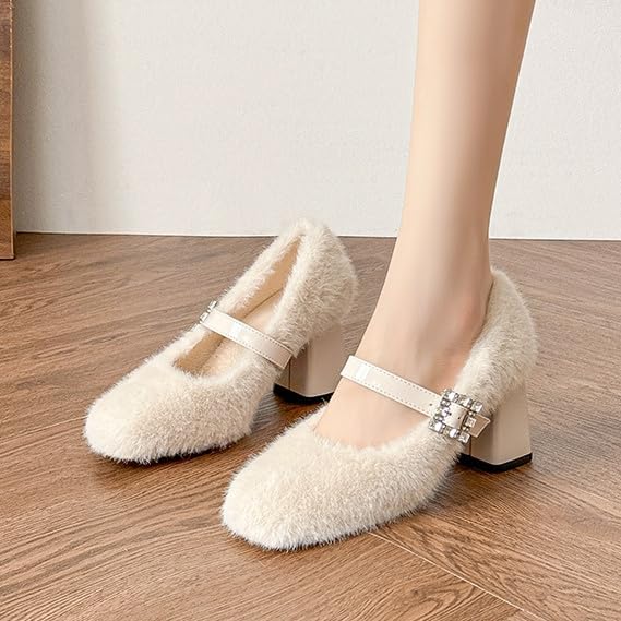 Fuzzy Mary Jane Heels for Women Chunky Heels Square Toe Pumps with Buckle Strap Block Heel Winter Kawaii Heels4