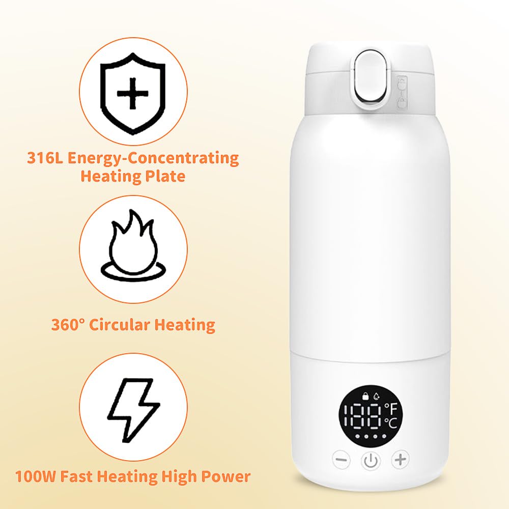 Chauffe-biberon portable de 500 ml - Chauffe-biberon pour bébé en déplacement, chauffe rapidement le lait maternel et l'eau, réglable de 35 à 70 degrés, rechargeable par USB (blanc)