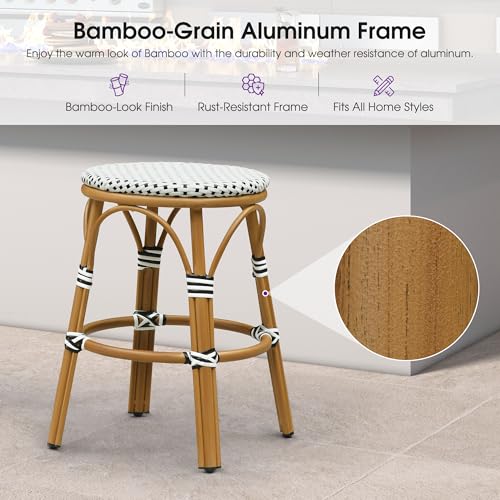 Image of PURPLE LEAF Patio French Round Counter Stool Set of 2 Large 26 inch Rattan Backless Barstool Bamboo Print Aluminum Frame with Woven Wicker for Indoor Outdoor Island Bar Chair White and Black