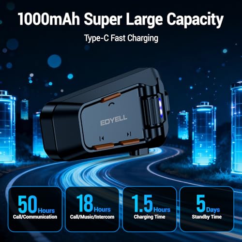 Image of EDYELL Motorcycle Helmet Bluetooth Headset,C2 Motorcycle Helmet Speakers with HiFi Sound,Group Communication System,IPX5 Waterproof /Call /Music /Noise Cancellation,Suitable for Riding /Snowmobile /Cycling