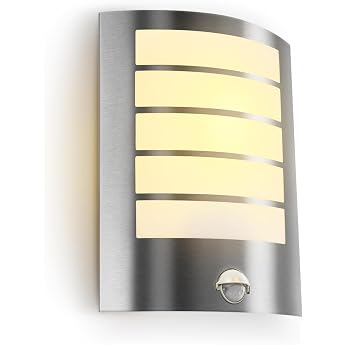 Kerry PIR Outdoor Wall Light Outdoor Lighting for Front Door Mains Controlled Waterproof IP44 Outdoor Lamp Curved Stainless Steel Fuse Lamp with Motion Sensor E27 Wall Light for Porch [Energy Class A]