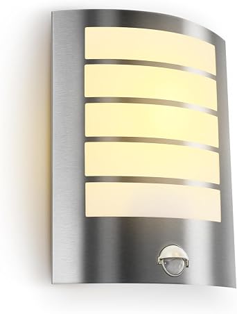 Kerry PIR Outdoor Wall Light, Outside Front Door Lighting Mains Powered Waterproof IP44 Exterior Lamp, Curved Stainless Steel Security Light with Motion Sensor, E27 Sconce for Porch Bulb Excl. [Energy Class F]