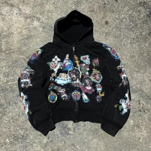 Grunge Vintage Clothes Y2k Zip Up Hoodie Streetwear Men Women Graphic Oversized Rapper Hooded Sweatshirts4