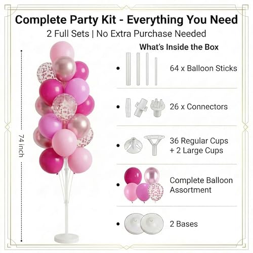 Image of Balloon Column Kit Set of 2 With Balloons Included - Balloon Tower with Stand, Base, and Pole,Backdrop Decoration for Wedding, Baby Shower, Birthday Party (3xMetallic Light Pink)