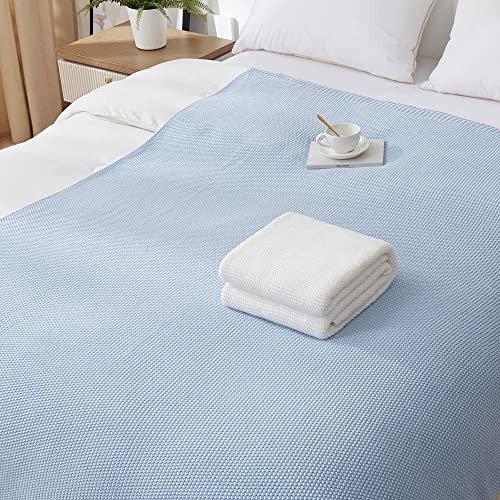 Longhui Bedding 100% Cotton Light Blue Lightweight Cable Knit Throw Blanket For Couch Sofa Bed Home Décor Bonus Laundering Bag – Large 60 X 80 Inch, Machine Washable, Blue Color #TOP5