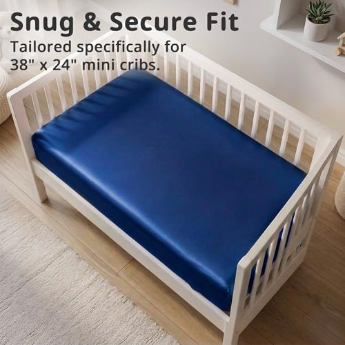 Image of Pro Goleem Satin Mini Crib Sheets 2 Pack, Blue & Black Silky Soft Fitted Sheet for Baby Hair Protection, 38 inchx24 inchx5 inch Breathable Mattress Cover Compatible with Pack n Play & Portable Crib
