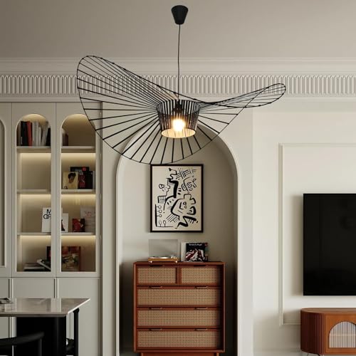 Image of Modern Black Woven Chandelier, 47.2 inch Farmhouse Coastal Hat Pendant Light Fixtures Matte Black Handwoven Shade Boho Pendant Hanging Lamp for Dining Room Kitchen Bedroom Foyer Hallway living room