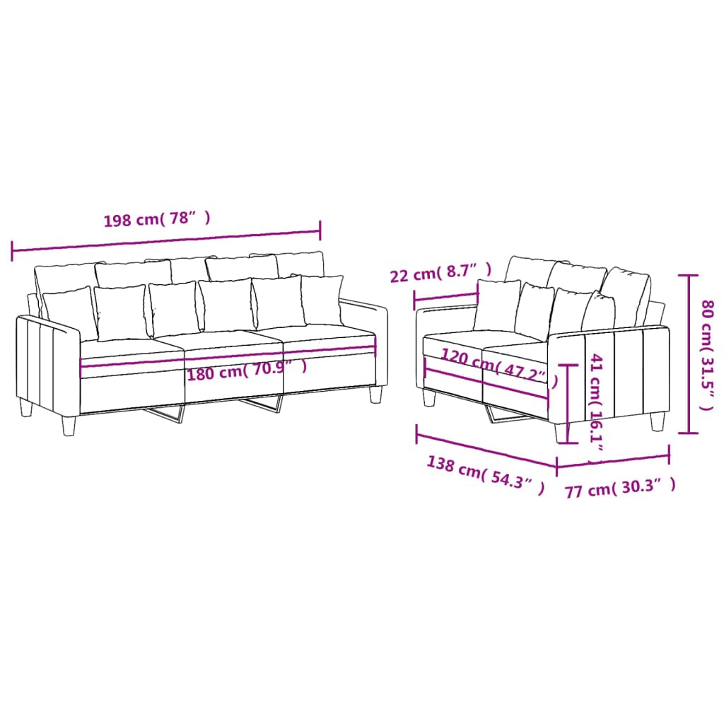 2-częściowy komplet sofy 2-osobowej z kremowego materiału, 138 x 77 x 80 cm, 3-osobowa 198 x 77 x 80 cm, z 18 poduszkami, wytrzymała rama, oddychająca, wytrzymała, przytulna, do salonu