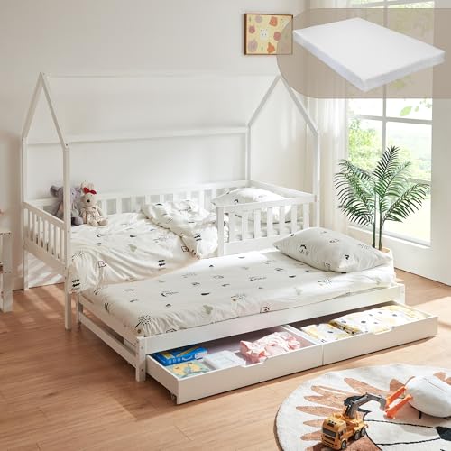 [en.casa] Cama Nido Aarghonmaa con Colchón 90x200 cm En Forma de Casita Cama Supletoria Somier con 4 Ruedas y 2 Cajones Protección contra Caídas máx. 120 kg Madera de Pino - Blanco