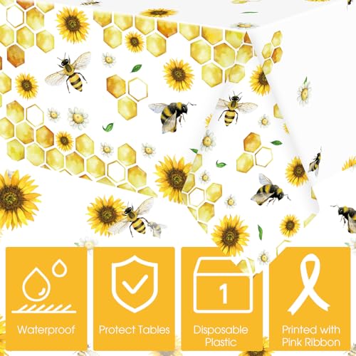 Image of Ganeen 3 Pcs Bee Party Tablecloth Disposable Plastic Table Covers Sunflower Waterproof Tablecloths for Birthday Bee Themed Party Decor, 54 x 108 Inch