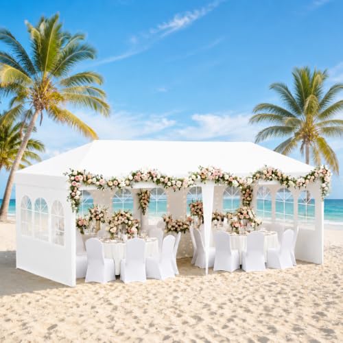 Image of 10' x 20' White Party Tent with 4 Removable Sidewalls - Outdoor Canopy Tent for Events, Backyard Wedding, BBQ, Waterproof PE Gazebo with No Center Pole