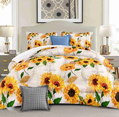 Yilinata Watercolor Sunflower Comforter Set with 2 Pillowcases Queen Size Spring Floral Quilt Bedding Set with 1 Comforter and 2 Pillow Covers for Bedroom Dormroom All Season