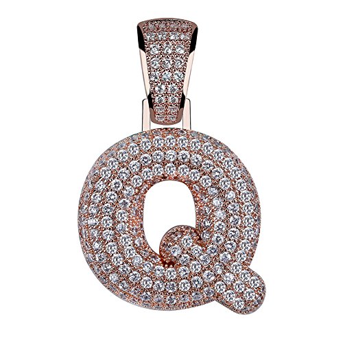 Hechuang Micropave Simulated Diamond Iced Out Bling Custom Bubble Letters Pendant with Rope Chain (Q - Rose Gold, 24)