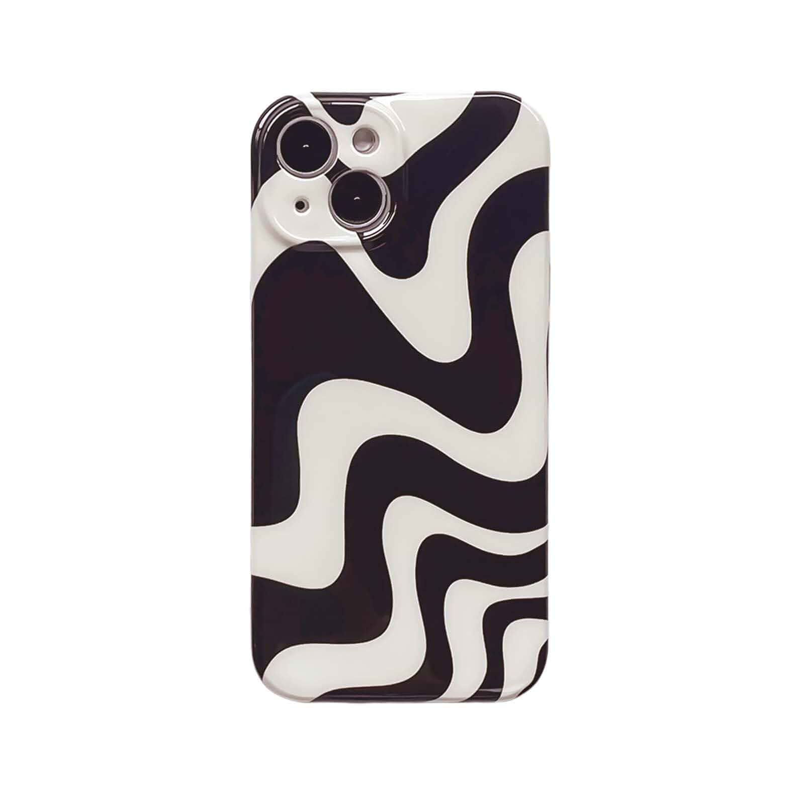 Black White Striped Wave Zebra Phone Case for iPhone 15 Cute Retro Trendy Aesthetic, Chic Classy Slim Full Camera Slim Glossy Protective Cool Girl Cover for Women