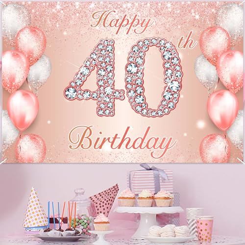 Image of Happy 40th Birthday Rose Gold Banner Cheers to 40 Years Old Backdrop Confetti Balloons Theme Decor for Women 40 Years Old Pink Birthday Party Decorations Bday Supplies Background Favors Gift Glitter