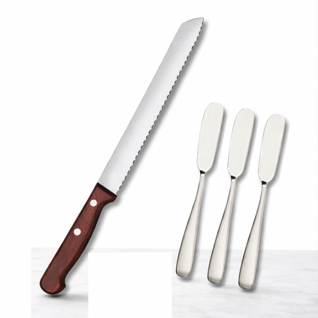 Kit Faca de Pão Serrilhada 8" em Aço Inox com Espátulas Cabo Madeira(1 Faca de Pão + 3
