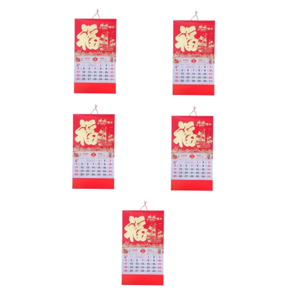 5 Piezas Calendario de Pared Año del Caballo Calendario Lunar Tradicional Chino con Decoración Foil Fu Colgante Planificador Mensual para Hogar