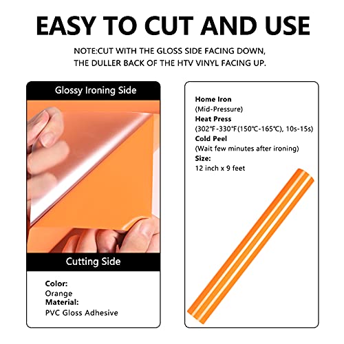 Image of FUNKAKA Heat Transfer Vinyl Rolls, 12 inch x 9ft Orange Iron on Vinyl for Shirt | Glossy HTV Vinyl for All Cutter Machines - Easy to Cut & Weed for Heat Vinyl Design