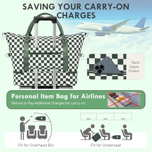WOOMADA Weekender Overnight Bag for Women, Shoulder Travel Duffel with Shoes Compartment,Gym Bag with Toiletry Bag Large Size(Army Green Checkerboard) — view 6