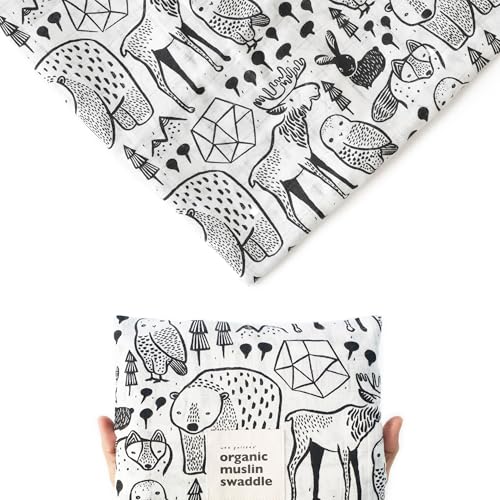 Image of Wee Gallery, Organic Muslin Swaddle - Nordic - Woodland Animals Design, Black and White for Baby Visual Development, Quality Cotton Swaddling or Receiving Blanket