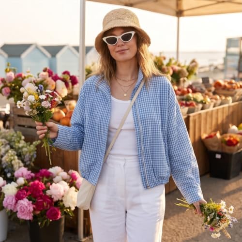 Plaid Bomber Jacket Women Oversized Cropped Funnel Neck Gingham Jacket - image 7