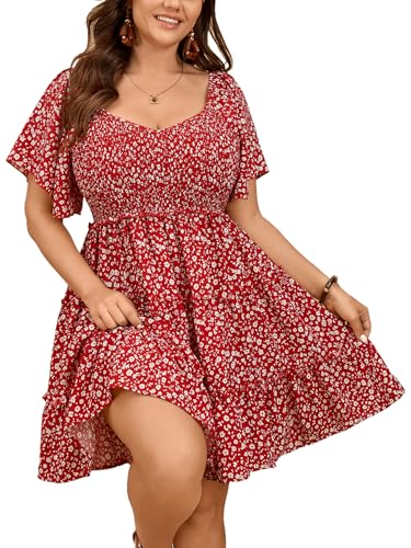 Image of SHESTARR Womens Plus Size Casual Mini Dress Sweetheart Neckline Short Flutter Sleeve Smocked A Line Tiered Ruffle Dresses