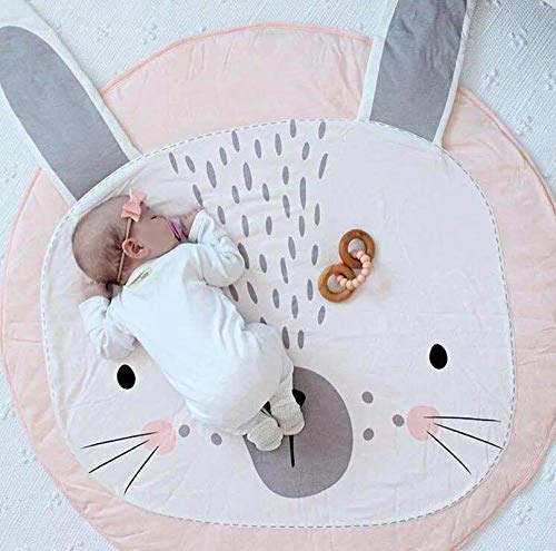 KIKOM Tapis Ramper bébé Tapis de jeu Animaux Coton Rond Tapis Pour Filles Garçons Eveil Enfants Decoration Chambre 90cm (Lapin rose)