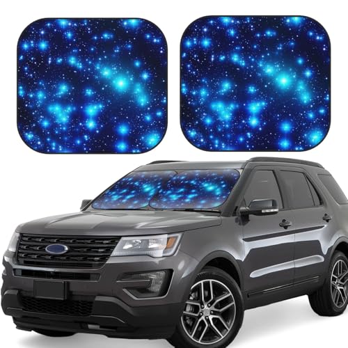 2 Piece Car Windshield Sun Shade Foldable Blue Shining Stars Window Sunshade Auto Sun Heat and UV Rays Blocker Front Windshield Shade for UV Block Car Interior Protection Sun Visor Shade