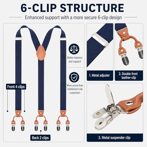 Image of Men's Heavy Duty Y-Back Suspenders, 6 Strong Metal Clips Adjustable Elastic Straps for Work, Tuxedos, and Daily Wear