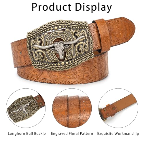 Image of UTOWO Western PU-Leather Cowboy Buckle Belt for Men and Women Jeans Engraved Floral Longhorn Bull Buckle Belt (25-38 inch waist)