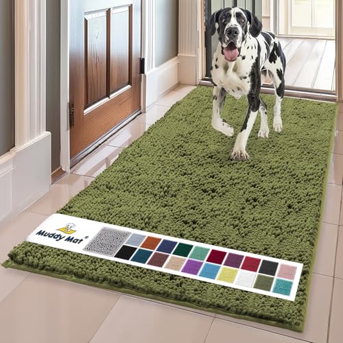 Image of Muddy Mat | Super Absorbent Door Mat Indoor, Microfiber Quick Dry Chenille Entryway Rug, Non-Slip Front Door Mat, Indoor Mats for Entryway, Machine Washable Pet Rug, Army Green 24 inch x 120 inch